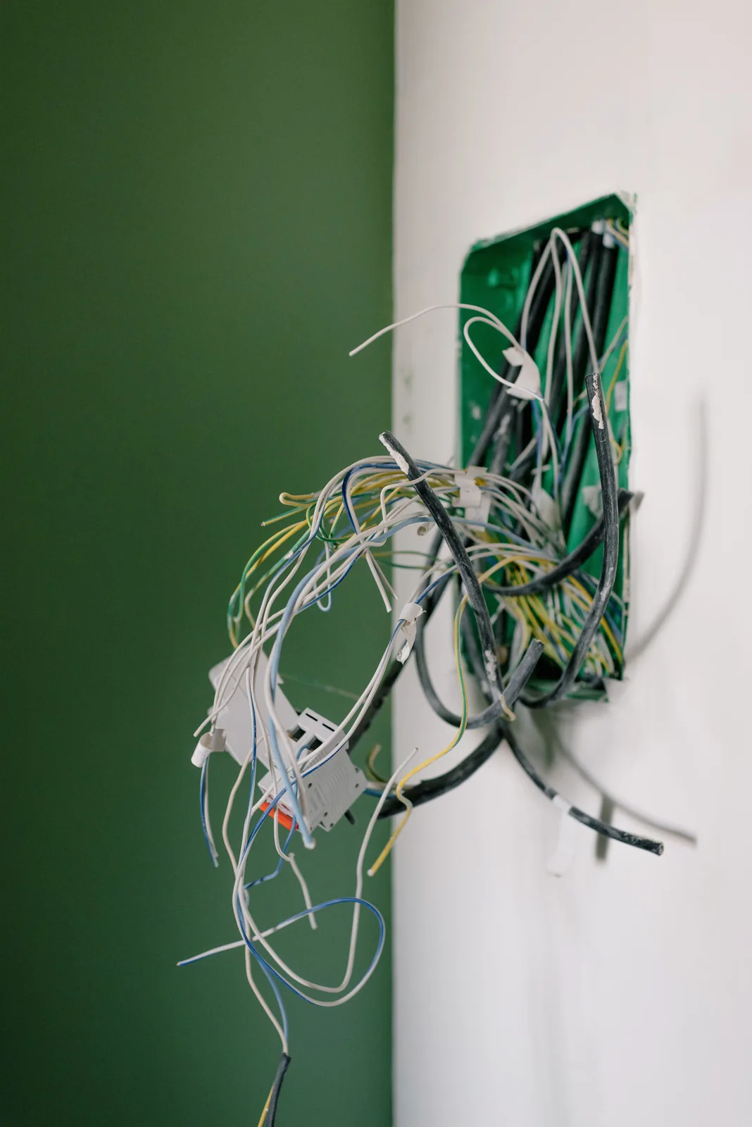 Old wiring spilling out of a junction box, for electrician in London