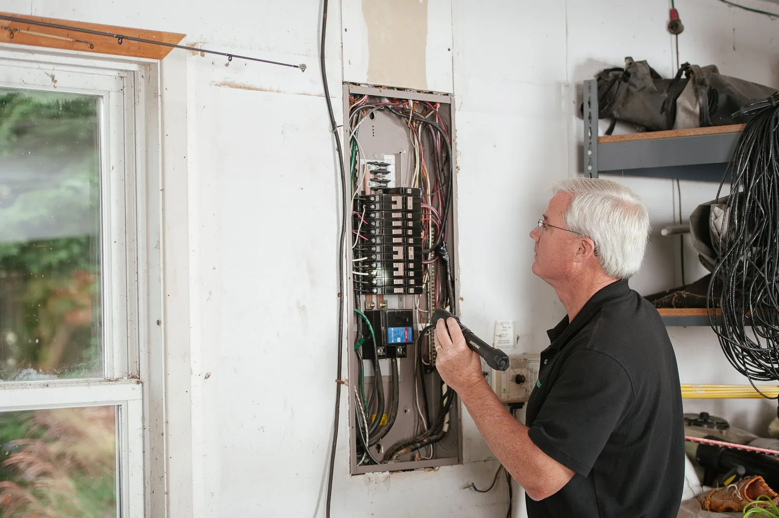 An electrician checking an open residential panel by torchlight, for licensed electrician in London